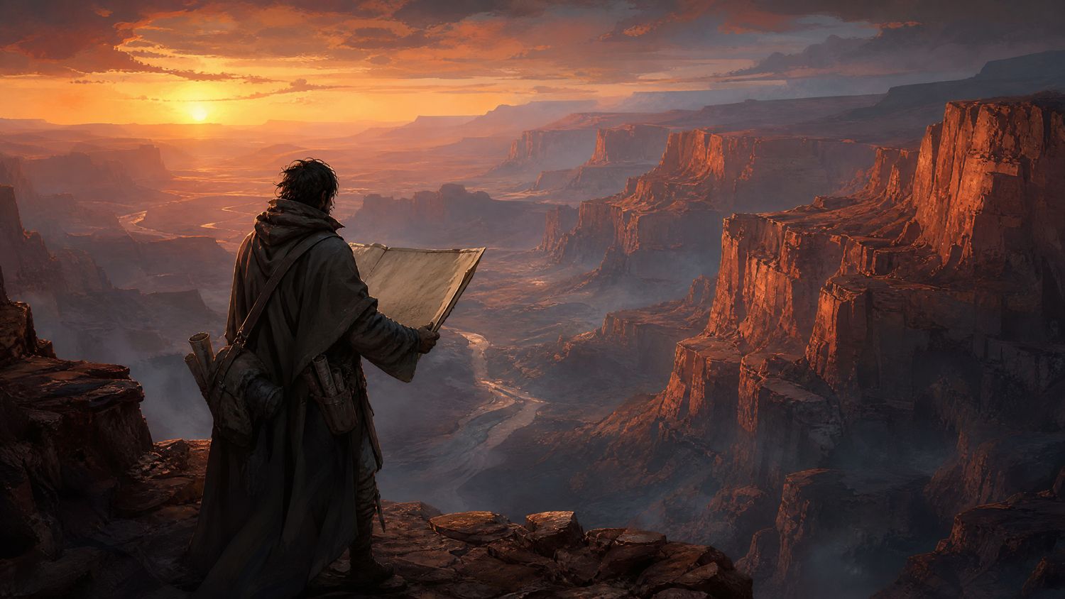 A cloaked cartographer on a rocky outcrop at dusk holding a blank chart above a vast layered sandstone canyon