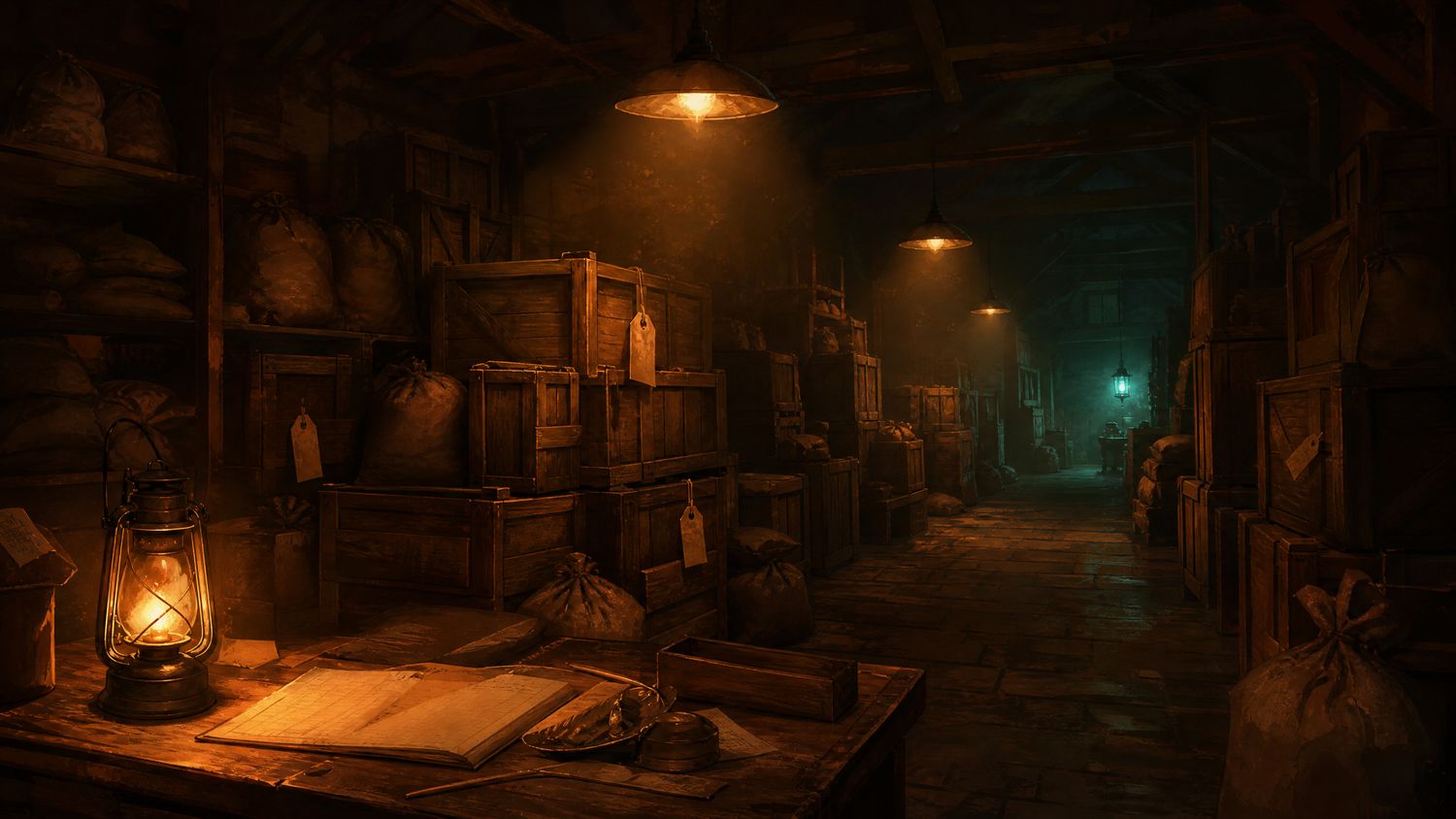 A dim warehouse interior at night with wooden crates and sacks in rows under hanging lamps and a ledger desk in the foreground