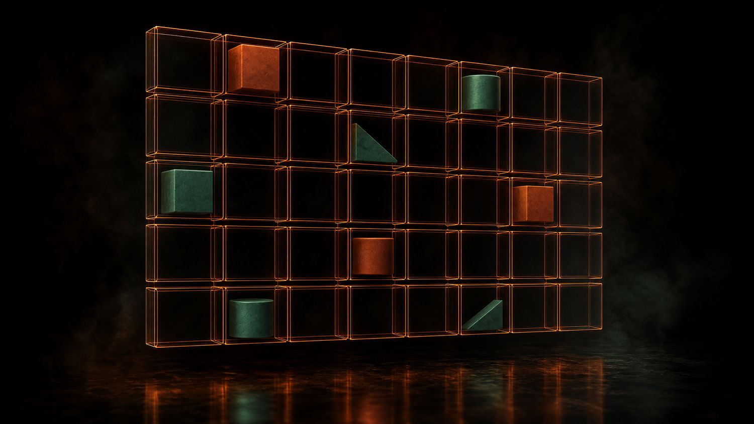 A floating grid of empty square slots rendered as glowing orange wireframe outlines with a few abstract geometric solids inside