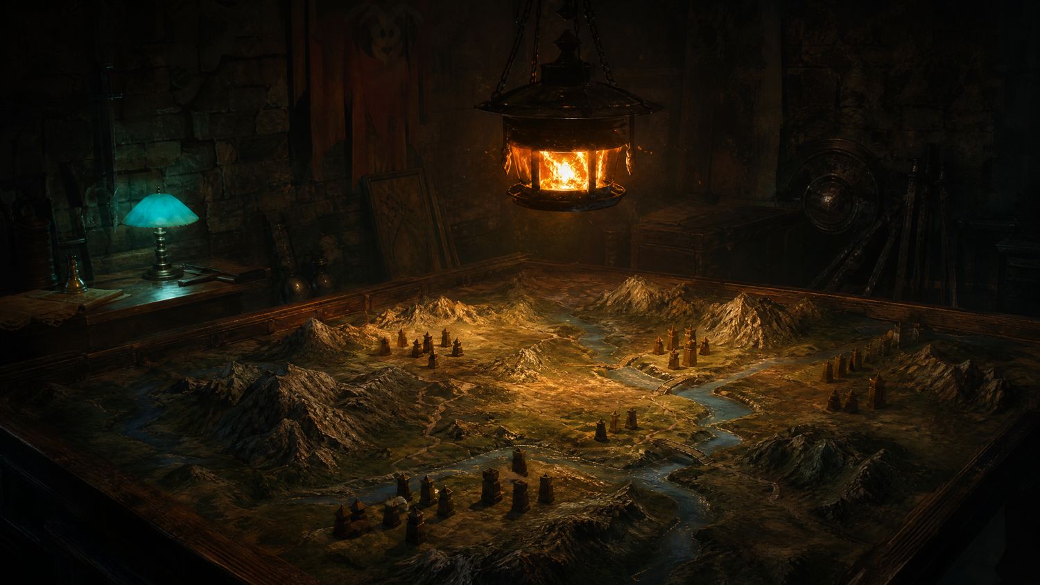 A dim war room with a relief terrain model of hills and rivers on a large table, carved wooden markers and a hanging lamp