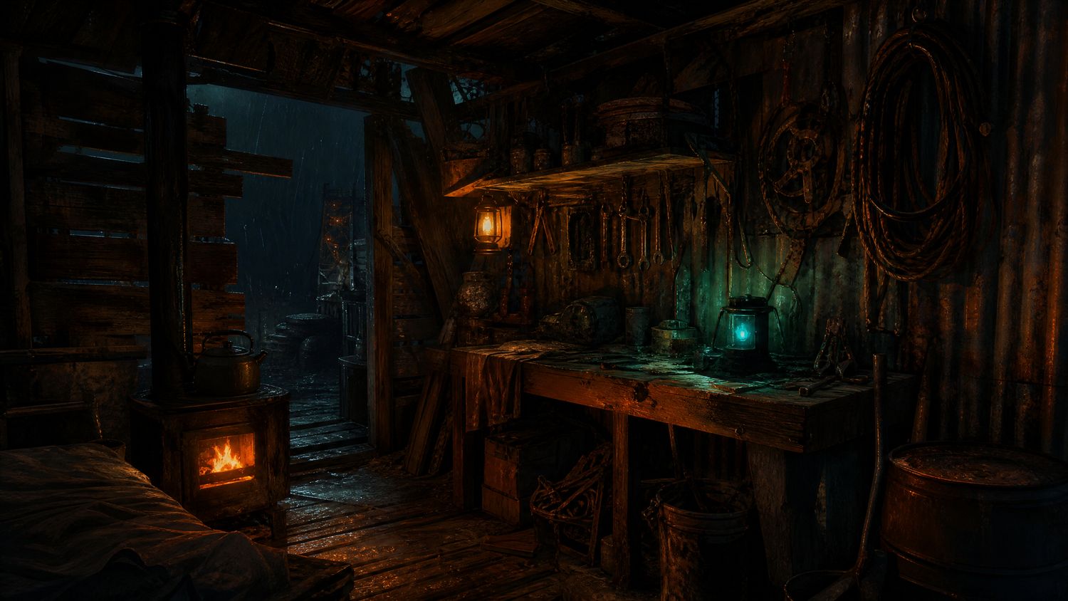 A cramped salvaged-timber shelter interior at night with a glowing stove, hanging tools and a workbench of scrap parts