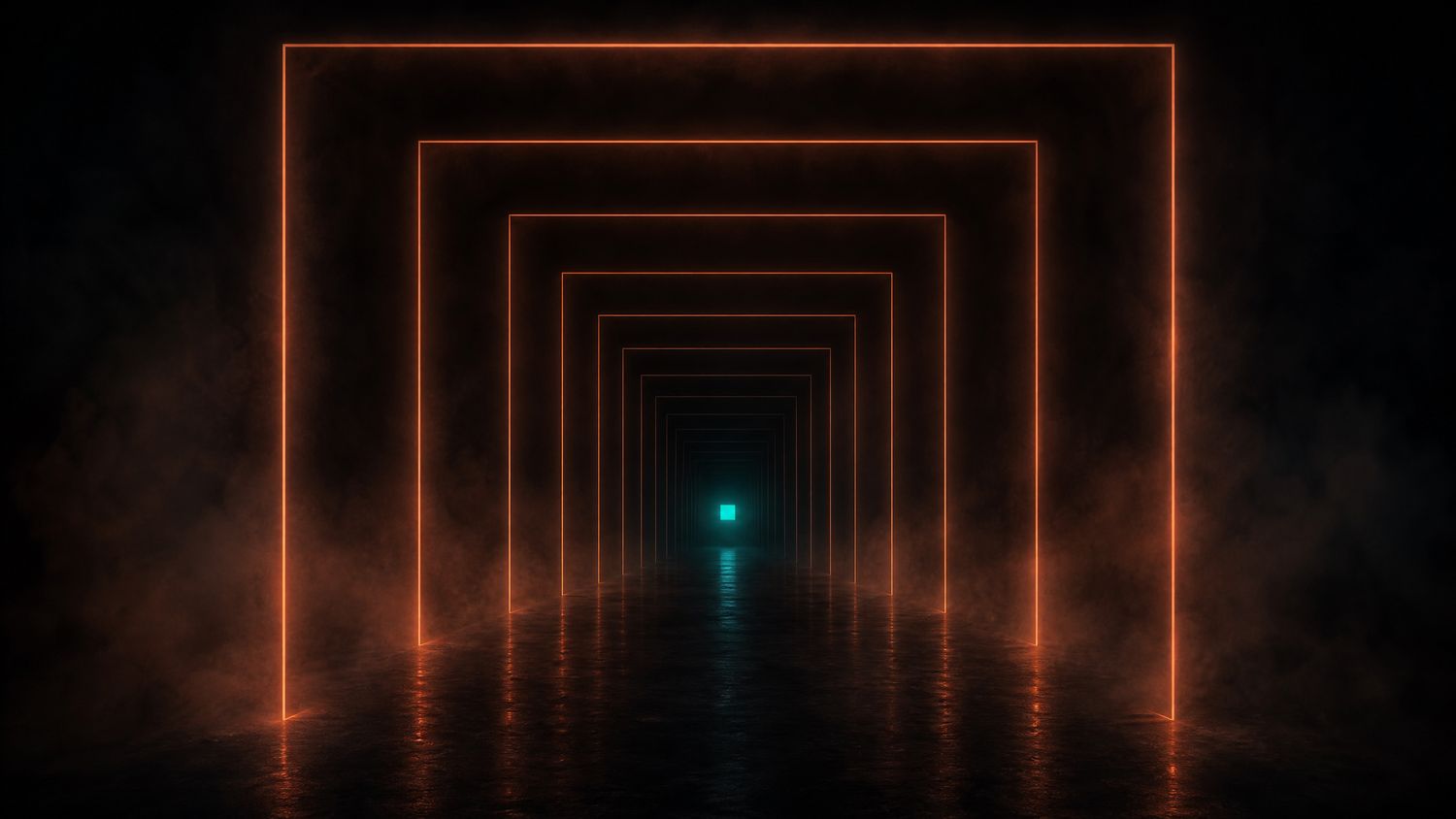 A tunnel of nested rectangular frames outlined in glowing orange receding into darkness toward a small teal square