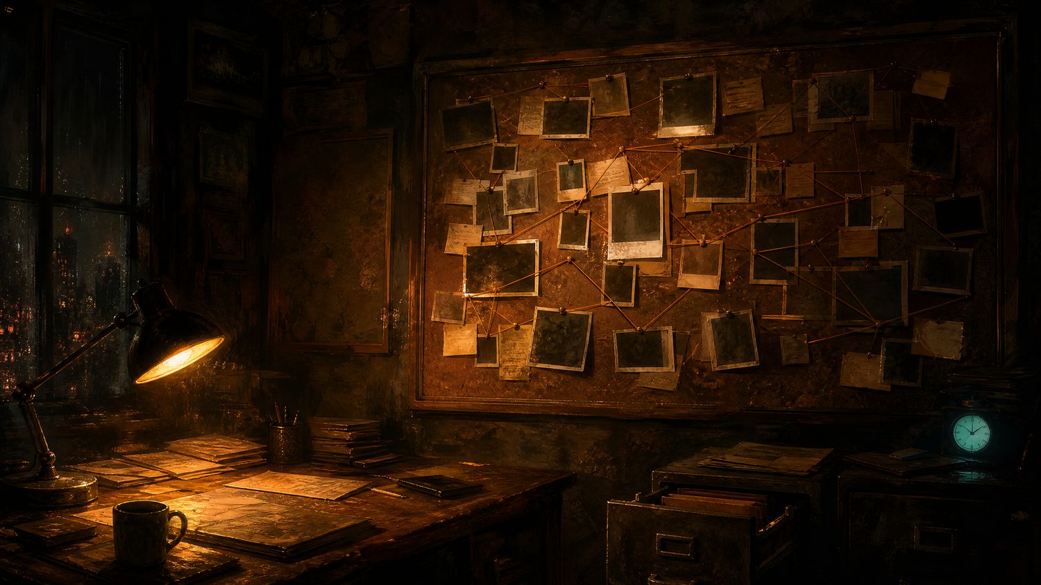 A dim office at night with a corkboard of pinned blank photographs connected by orange thread and a desk lamp