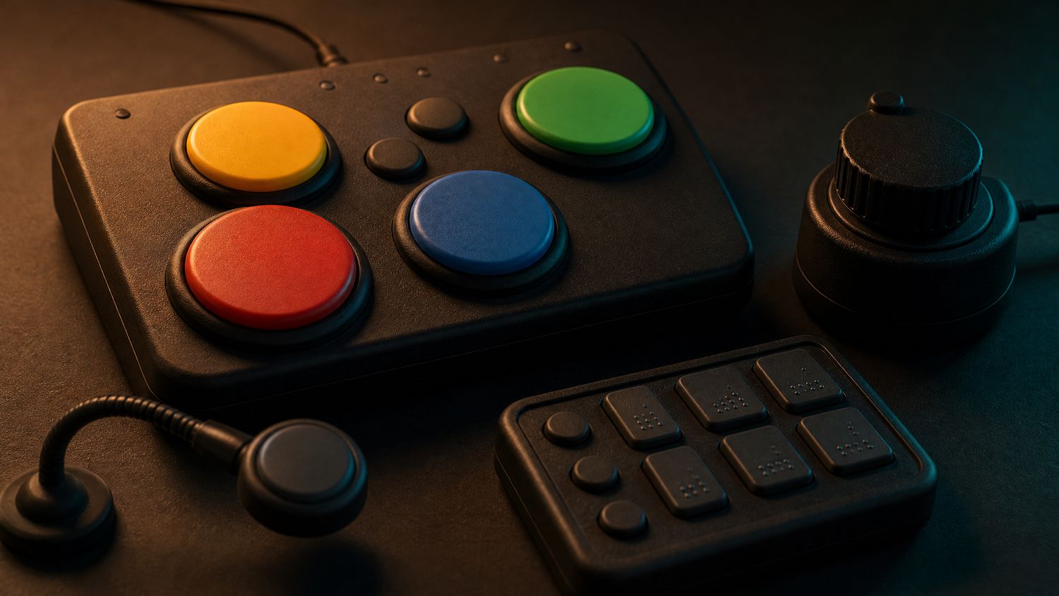 An adaptive controller with large round buttons, a rotary dial and a tactile switch panel on a dark surface