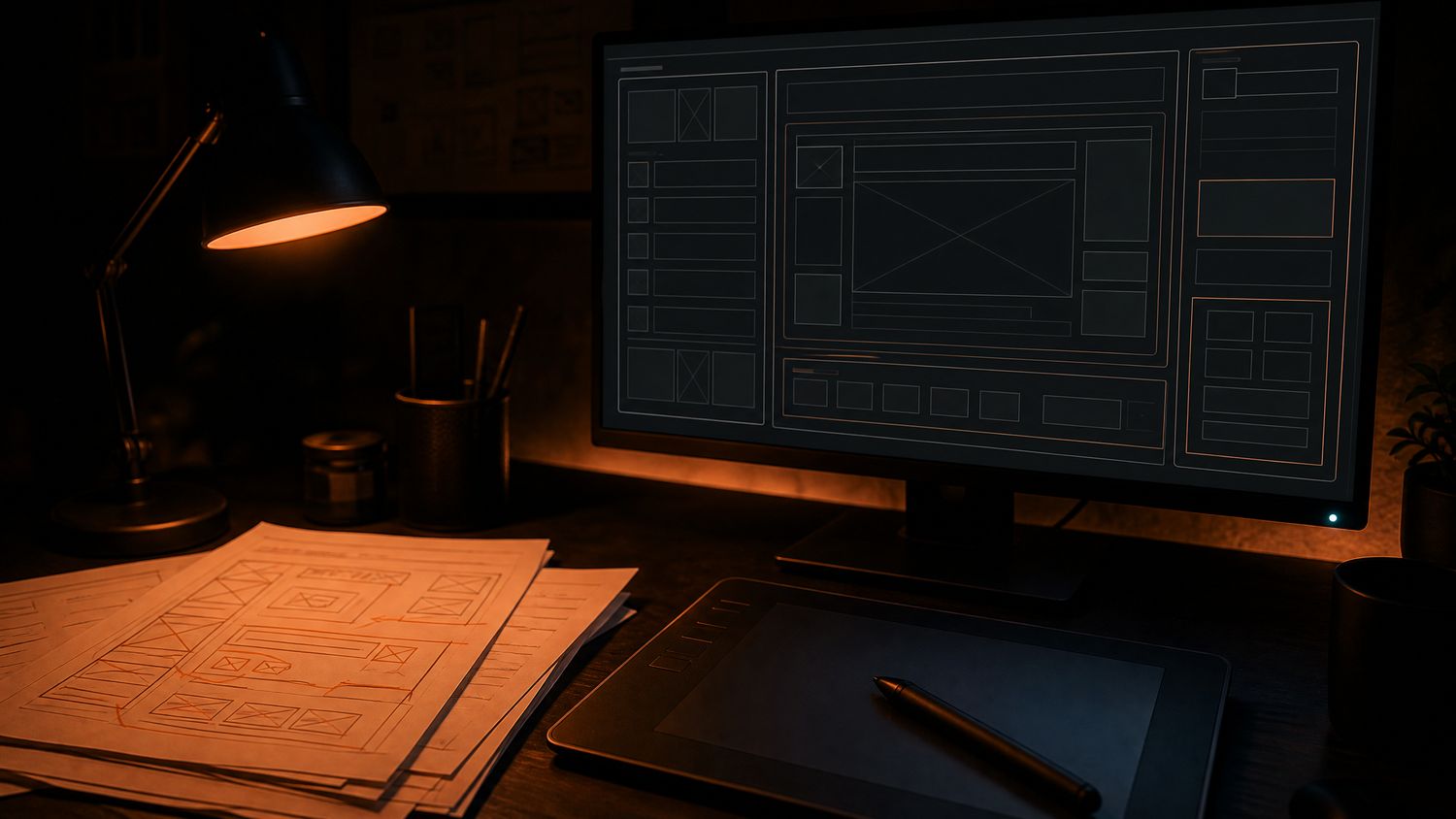A dim workspace at night with a monitor showing a wireframe layout, a graphics tablet and printed sheets of hand-drawn boxes under an orange desk lamp